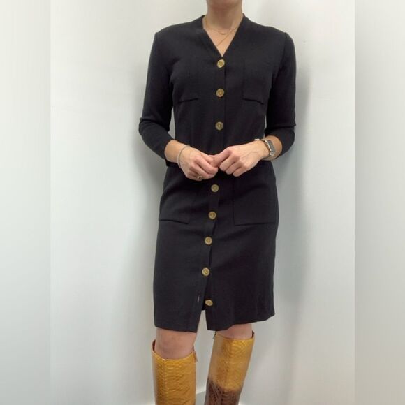 Yves Saint Laurent Dresses & Skirts - YSL Vintage Black Wool Cardigan Dress 3/4 Sleeve Large Gold Buttons Size M